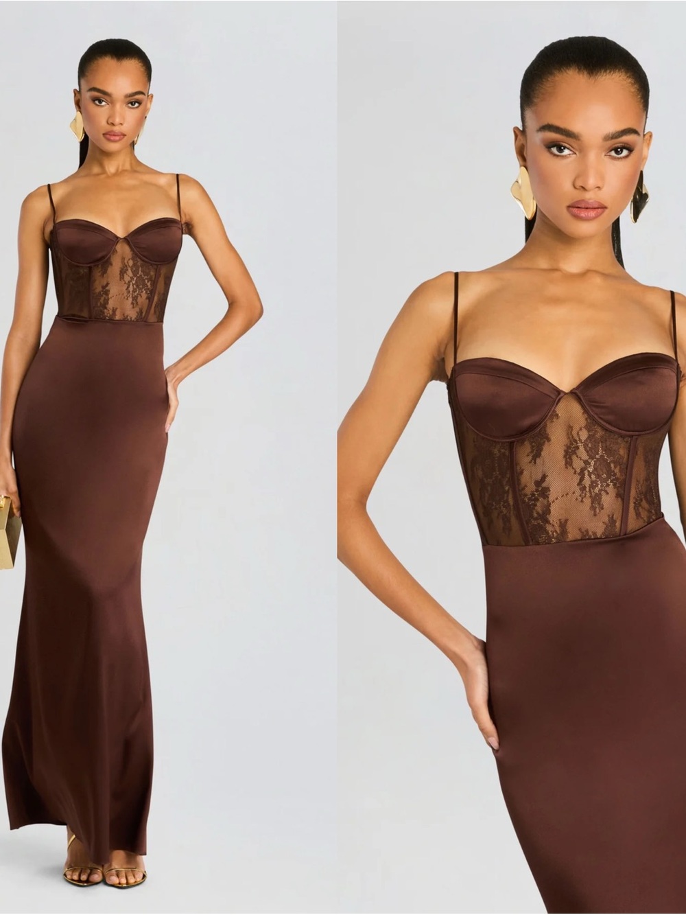 Retrofete Shanelle Silk Lace Maxi Dress Brown XS